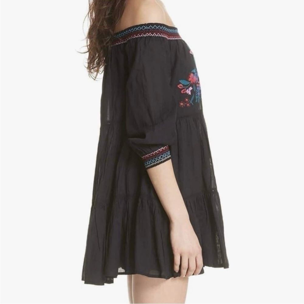 Free People Black Off-Shoulder Mini Dress with Floral Embroidery Size M - Picture 3 of 14